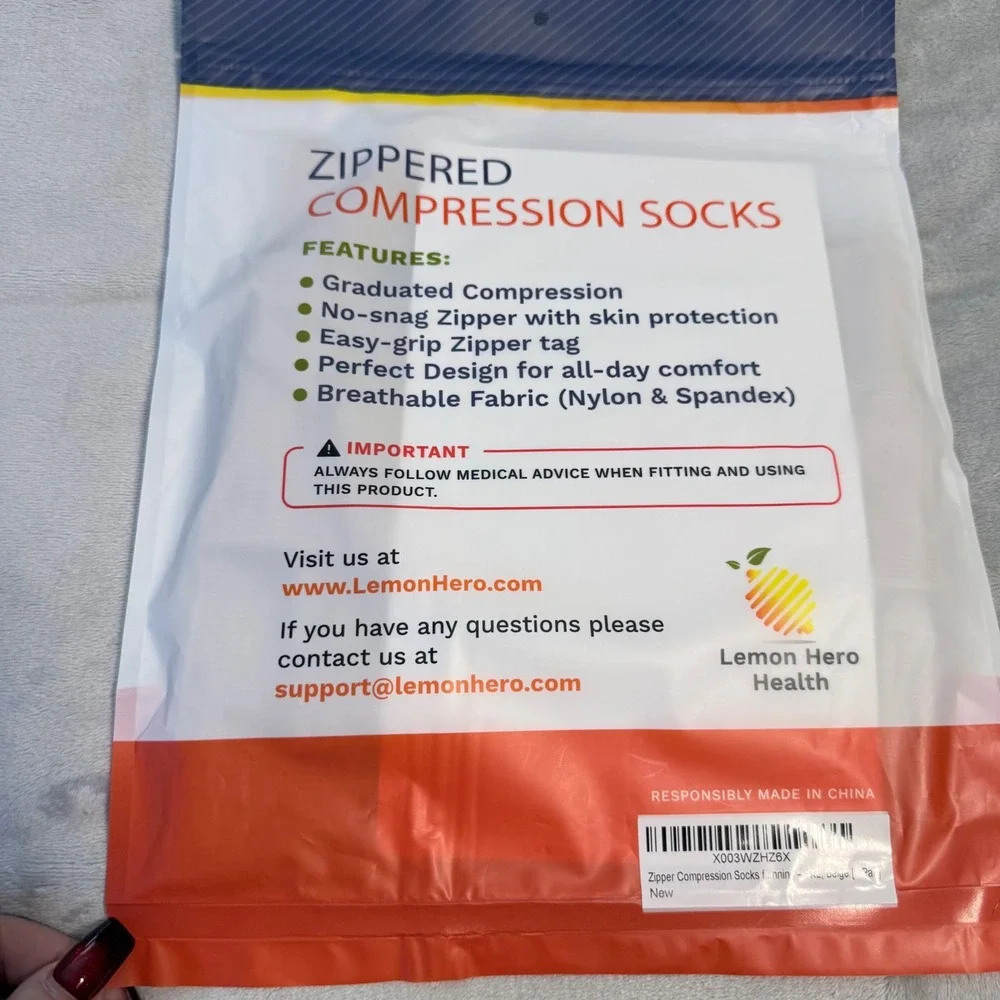 Lemon Hero Zippered Compression Socks Open Toe 15-20 mmHg 4XL Beige New